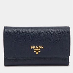 Prada Navy Saffiano Leather Compact Flap Wallet Gold Logo